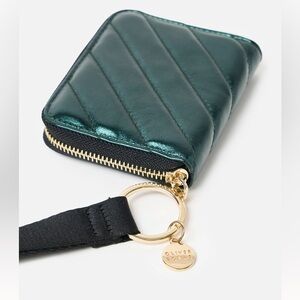 Oliver Bonas Metallic Green Quilted Zip Card Wallet with Wrist Strap